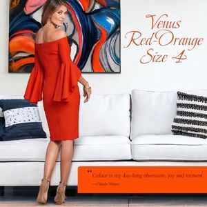VENUS Red-Orange Off the Shoulder Statement Bell Sleeve Fitted Mini Dress